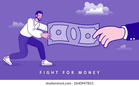 big hand pulling money with small businessman outline. Fight for money, government asking for tax payment, financial problem, pay off debt or bills concept. Salary reduction. banking interest. vector
