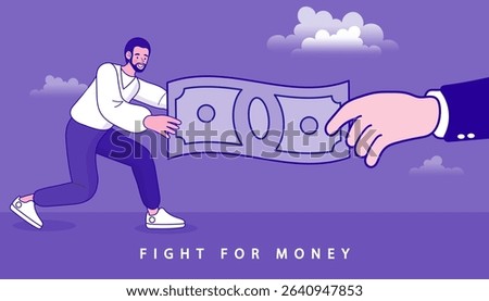 big hand pulling money with small businessman outline. Fight for money, government asking for tax payment, financial problem, pay off debt or bills concept. Salary reduction. banking interest. vector