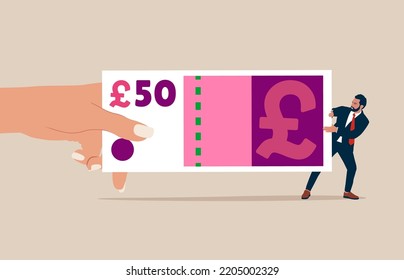 Big Hand Pulling Sterling Money Banknote Tug Of War With Small Businessman. Fight For Money, Government Asking For Tax Payment, Financial Problem, Pay Off Debt Or Bills.