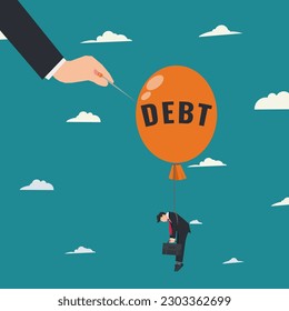 Big hand pushes the needle to pop the orange balloon with the word DEBT. Solve the debt problems vector illustration