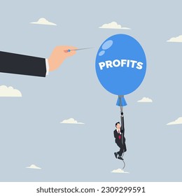 Big hand pushes the needle to pop the blue balloon with the word PROFITS. Business competition vector illustration