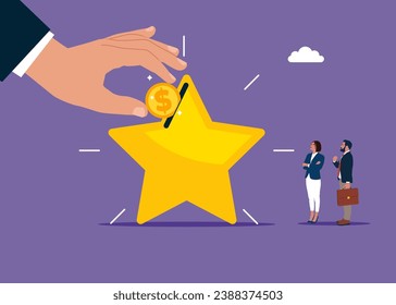 Big hand put coin on big star value. Reward and Motivation Ideas. Flat vector illustration.