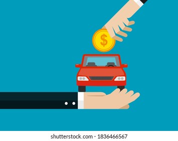 Gran mano puso moneda en un auto. Diseño de vectores