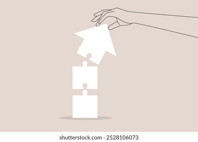Big hand put piece of jigsaw puzzle to complete arrow. concept of Growth strategy, solving problem to success in work and solution