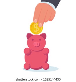 Big hand putting coin into piggy bank. Vector illustration, flat design. Making saving. Cartoon style. Isolated on white background. Save money concept. Management business.
