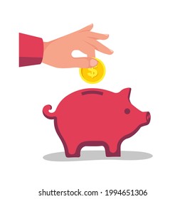 Gran mano poniendo moneda en el banco de cerdos. Ilustración vectorial, diseño plano. Haciendo ahorro. Estilo de caricatura. Aislado sobre fondo blanco. Ahorra dinero. Administración.