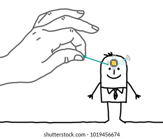 Big Hand Putting a Microchip in a Cartoon Man's Head