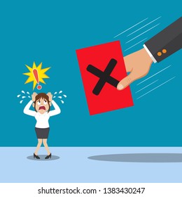 Big hand raised red card for businesswoman fail, illustration vector cartoon