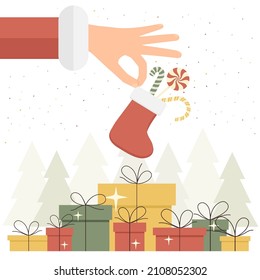 Big hand of Santa with Christmas sock and big gift boxes on white background. Flat cartoon illustration can be used for holiday design, cards, invitations, banners, poster