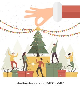 Big hand of Santa and dancing men and women on big gift boxes decorate Christmas tree on white background. Flat cartoon illustration can be used for holiday design, cards, invitations, banners, poster