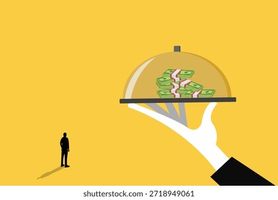 Gran mano que sirve dinero en un plato a hombre de negocios. concepto de ofrecer servicio de inversión y ahorro, la mejor gestión de patrimonio o préstamo comercial, fondos mutuos y solución financiera