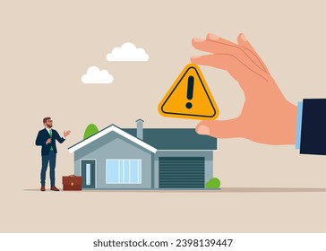 Big hand showing exclamation attention sign. Suspicious real estate and risky pay credit. Vector illustration