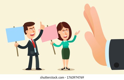 Big Hand Showing Stop Gesture For Protesters With Posters. Workers Protest Against The Company, Protection Of Workers' Rights. Labor Union. Vector Illustration, Flat Cartoon Style, Isolated.