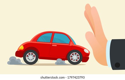 The big hand shows the car driver a stop gesture. Red car emergency braking before man gesture - stop. Vector illustration, flat design, cartoon style, isolated background.