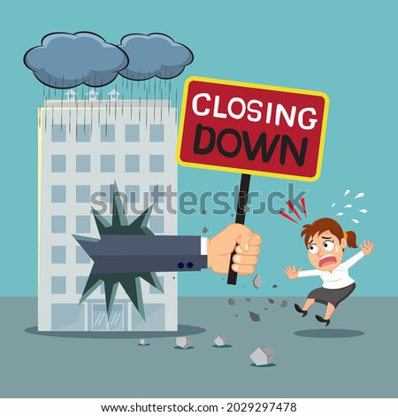 Big hand shows a closing down sign to a businesswoman, People in financial crisis with no money, illustration vector cartoon
