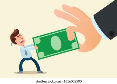 The big hand of the state take away money from people. The bank taking earning from a businessman. Business vector illustration, flat design cartoon style, isolated background.