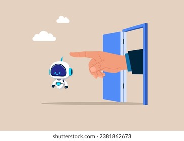 Big hand stepping out of the door hand pointing finger robot with exit. Misunderstanding human and robot with artificial intelligence. Flat vector illustration
