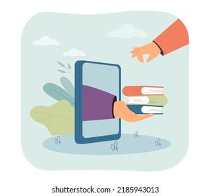 Big hand of teacher with books coming out of phone screen. Hand of student taking textbook flat vector illustration. Online education, e-learning concept for banner, website design or landing web