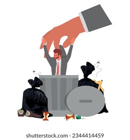 big hand throwing a businessman into the trash, concept of dismissal, career failure. vector illustration.