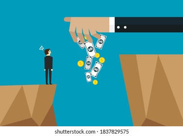 Big hand throwing money into abyss. Vector design