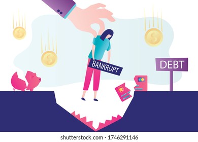 Big hand throws debtor into debt hole. Businesswoman bankrupt. Financial crisis and devaluation of money. Bankruptcy concept. Broken credit card, overdraft. Trendy vector illustration