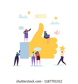 Big Hand with Thumb Up and Working Flat People Characters. Team Work Business Success Concept. Vector illustration