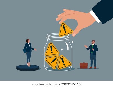 Big hand and tiny business people collect exclamation points into Glass Jar. Work motivation. More problems competition. Critical failure concept. Vector illustration 