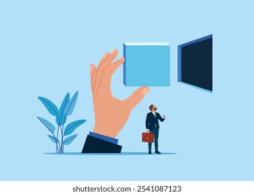 Big hand and tiny businessman covering a black hole in the wall. Modern vector illustration in flat style