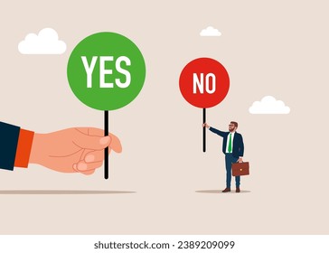Big hand and tiny businessman holding YES and NO banner. Сoncept of Choice. Flat vector illustration