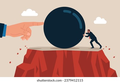 Big hand and tiny businessman pushing a boulder against each other to eliminate from competition. Vector illustration.