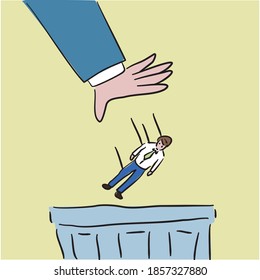 Big hand trowing man into the trash; layoff employee concept