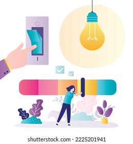 Big hand turn off lights, saving electricity. Consumer presses big switch. Measuring scale shows reduction in energy consumption. Environmental issues. Glowing lamp. Flat vector illustration