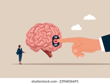 Big hand turns on or off the cerebrum switch. Vector illustration