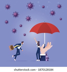 A big hand with umbrella protected from Coronavirus pathogen, Umbrella as a symbol of protection and security