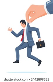 Big Hand Using Businessman for Control. Business Man Marionette is Hanging on Suit. Hand of Puppeteer Holding Lady. Puppet Doll Worker, Abuse of Power, Manipulation. Flat Vector Illustration