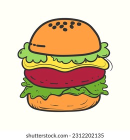 A big hand-drawn burger illustration with meat, salad and cheese