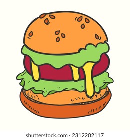 A big hand-drawn burger vector illustration with meat, salad and melted cheese