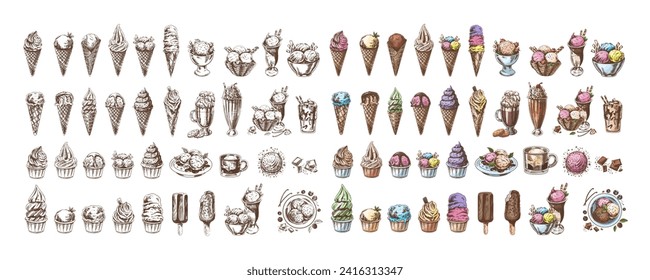 Big hand-drawn colored and monochrome sketch of ice cream or frozen yoghurt in cups and cones, milkshakes, ice cream on a stick, cupcakes, cookies. Vintage illustration. Set.	