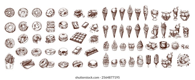 Big hand-drawn colored and monochrome sketch of ice cream or frozen yoghurt in cups and cones, milkshakes, ice cream on a stick, cupcakes, cookies. Vintage illustration. Set.	