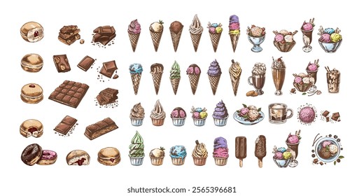 Big hand-drawn colored and monochrome sketch of ice cream or frozen yoghurt in cups and cones, milkshakes, ice cream on a stick, cupcakes, cookies. Vintage illustration. Set.	