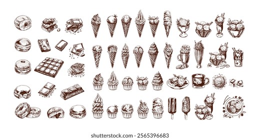 Big hand-drawn colored and monochrome sketch of ice cream or frozen yoghurt in cups and cones, milkshakes, ice cream on a stick, cupcakes, cookies. Vintage illustration. Set.	