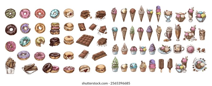 Big hand-drawn colored and monochrome sketch of ice cream or frozen yoghurt in cups and cones, milkshakes, ice cream on a stick, cupcakes, cookies. Vintage illustration. Set.	