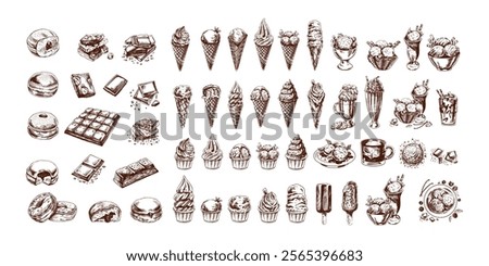 Big hand-drawn colored and monochrome sketch of ice cream or frozen yoghurt in cups and cones, milkshakes, ice cream on a stick, cupcakes, cookies. Vintage illustration. Set.	