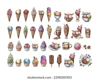 Big hand-drawn colored  sketch of ice cream or frozen yoghurt in cups and cones, milkshakes, ice cream on a stick, cupcakes, cookies. Vintage illustration. Set. 