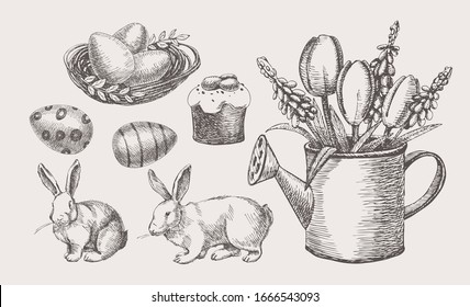 Big hand-drawn easter set of holiday symbols. White rabbits, spring flowers, Easter cake, colored eggs on a white background. Retro seasonal vector illustration for greeting card.