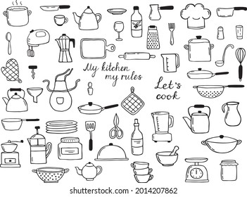 Big hand-drawn set of cooking elements on white background. Doodle sketch style. Bakery element is drawn by digital brush-pen. Illustration for icon, menu, recipe design.