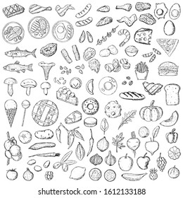 Big hand-drawn set of food. Vector cartoon illustrations. Isolated objects on a white background.