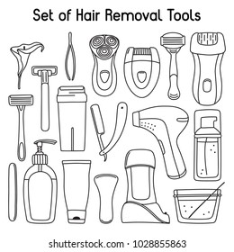 Big hand-drawn set of hair removal, laser depilation, epilation, shaving, waxing and sugaring tools, tweezers and toiletries, line art, vector illustration isolated on white background