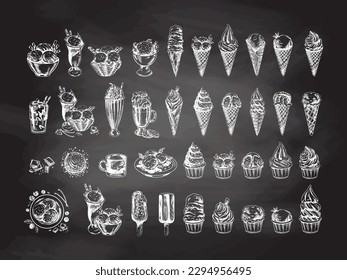 Big hand-drawn sketch of ice cream or frozen yoghurt in cups and cones, milkshakes, ice cream on a stick, cupcakes, cookies. Illustration isolated on chalkboard background. 