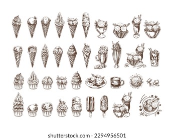 Big hand-drawn sketch of ice cream or frozen yoghurt in cups and cones, milkshakes, ice cream on a stick, cupcakes, cookies. Vintage illustration. Set. Element for the design of labels.